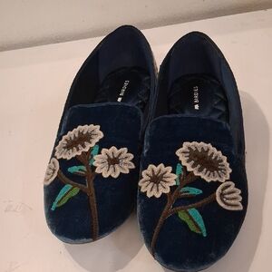 Birdies Navy Velvet Floral Embroidered Flats